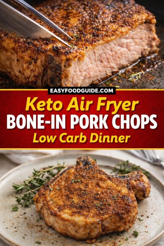 Keto Air Fryer Bone-In Pork Chops — Low Carb Dinner: top image shows knife slicing into a thick, spice-crusted chop revealing juicy pink interior; bottom features plated chop garnished with fresh thyme on rustic ceramic plate. Text on red banner: “Keto Air Fryer BONE-IN PORK CHOPS – Low Carb Dinner” + EASYFOODGUIDE.COM. Richly seasoned, crispy exterior, tender center — perfect for keto, low-carb, or high-protein diets without sacrificing flavor or satisfaction.
