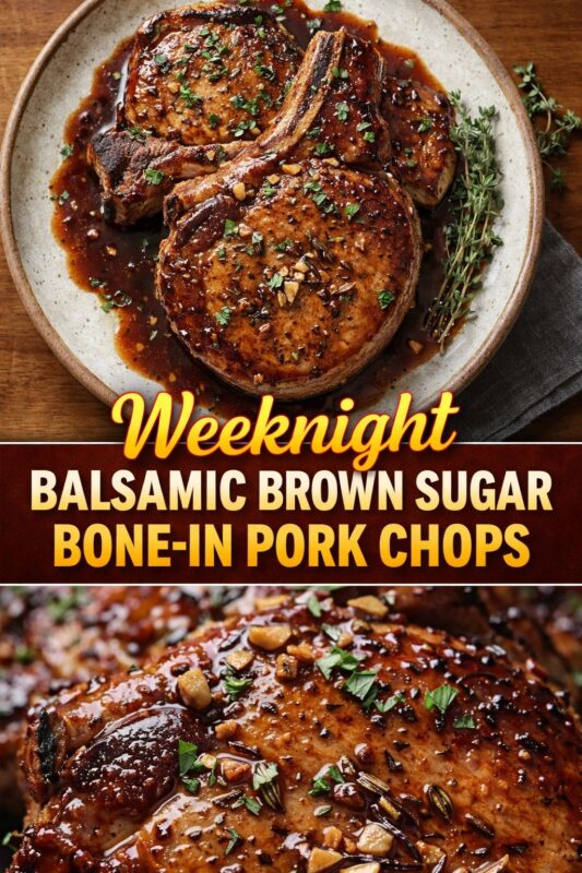 Two images of weeknight balsamic brown sugar pork chops: top shows plated chops with sauce and thyme; bottom is close-up of glazed meat with herbs. Text overlay: “Weeknight Balsamic Brown Sugar Bone-In Pork Chops.” Rustic plate, wooden table, dark napkin.