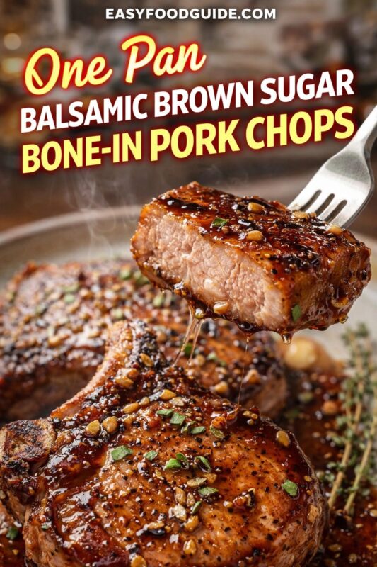 Fork lifts a juicy, glazed slice of balsamic brown sugar pork chop, sauce dripping. Background shows whole chops with herbs and thyme sprig. Text: “One Pan Balsamic Brown Sugar Bone-In Pork Chops” + EASYFOODGUIDE.COM. Steam rises, warm lighting.