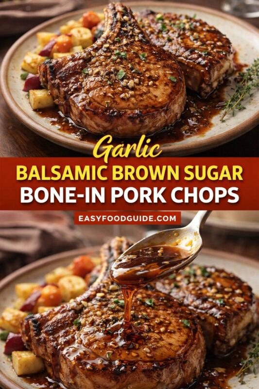 Two images of garlic balsamic brown sugar pork chops: top shows plated chops with roasted veggies; bottom captures sauce being spooned over meat. Text: “Garlic Balsamic Brown Sugar Bone-In Pork Chops” + EASYFOODGUIDE.COM on red banner. Rustic plating, rich glaze, fresh thyme.