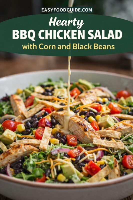 Creamy dressing pours over a hearty BBQ chicken salad in a wide bowl — grilled chicken strips, black beans, corn, cherry tomatoes, avocado, shredded cheese, red onion, and greens. Text overlay: “EASYFOODGUIDE.COM” above “Hearty BBQ CHICKEN SALAD with Corn and Black Beans” on dark green banner. Warm lighting highlights textures and vibrant colors; rustic background.