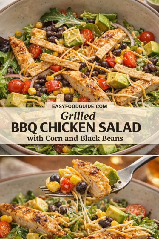 Top: Grilled BBQ chicken salad in rustic bowl — charred chicken strips, black beans, corn, cherry tomatoes, avocado, shredded cheese, and greens. Bottom: Fork lifts bite with melted cheese stretching — same ingredients visible. Text overlay: “EASYFOODGUIDE.COM” above “Grilled BBQ CHICKEN SALAD with Corn and Black Beans” on semi-transparent banner. Warm, inviting lighting; rich textures and colors highlighted.