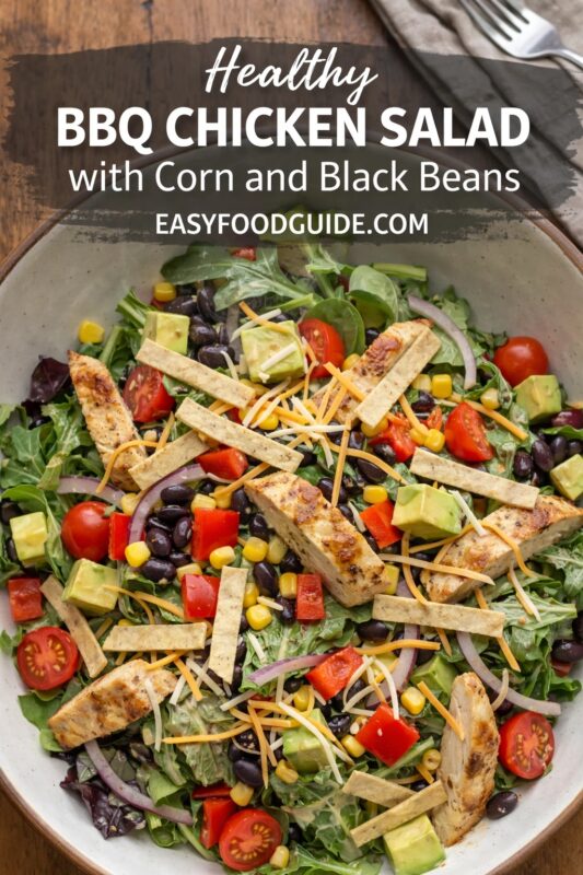 Overhead view of a colorful BBQ chicken salad in a ceramic bowl — grilled chicken strips, black beans, corn, cherry tomatoes, avocado cubes, shredded cheese, red onion, and mixed greens. Text overlay: “Healthy BBQ CHICKEN SALAD with Corn and Black Beans” + “EASYFOODGUIDE.COM” on dark brushstroke banner at top. Fork and napkin beside bowl on wooden surface. Fresh, vibrant, wholesome presentation.