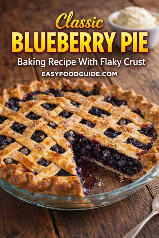 Classic blueberry pie: golden lattice crust over bubbling, deep-purple berry filling — one slice removed to reveal juicy interior. Served in glass pie dish on rustic wood table with bowl of whipped cream and fork nearby. Text: “Classic Blueberry Pie – Baking Recipe With Flaky Crust” + EASYFOODGUIDE.COM. Warm, nostalgic dessert perfect for summer gatherings or holiday tables.