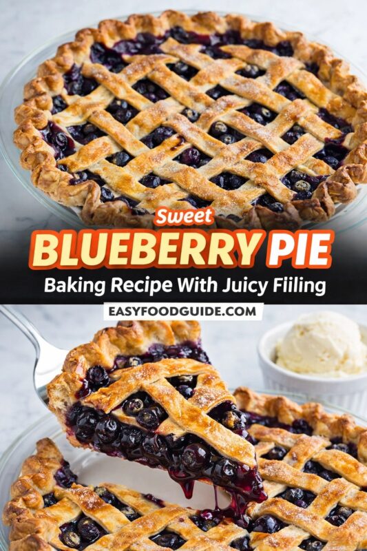 blueberry-pie-2 Two images of sweet blueberry pie: top shows whole lattice-topped pie in glass dish, golden and dusted with sugar; bottom features a slice being lifted — juicy, glossy blueberry filling oozing out, beside a scoop of vanilla ice cream. Text: “Sweet Blueberry Pie – Baking Recipe With Juicy Filling” + EASYFOODGUIDE.COM. Bright marble background — classic, irresistible dessert perfect for summer or any celebration.