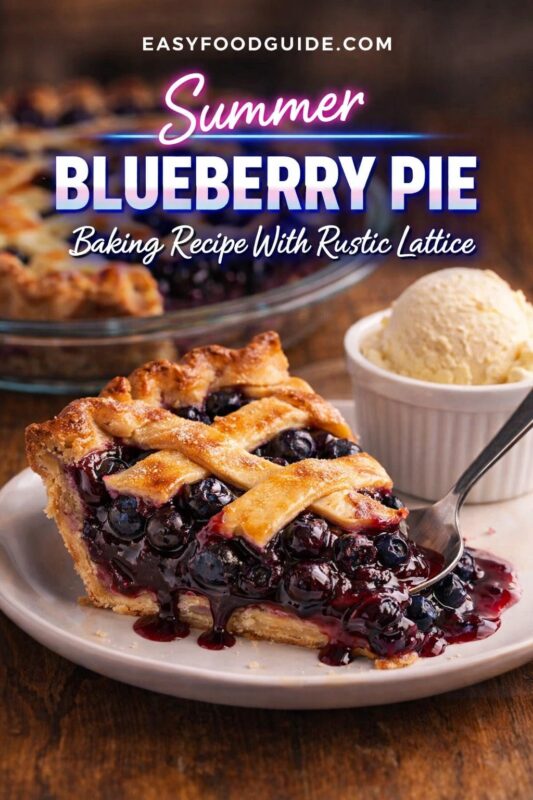 blueberry-pie-3 Summer blueberry pie: rustic lattice-topped slice on white plate, bursting with glossy, deep-purple berries and syrupy juice. Spoon rests beside it; vanilla ice cream in ramekin nearby. Whole pie blurred in background. Text: “Summer Blueberry Pie – Baking Recipe With Rustic Lattice” + EASYFOODGUIDE.COM. Warm wood table, neon-style title — nostalgic, seasonal dessert perfect for warm evenings or backyard gatherings.