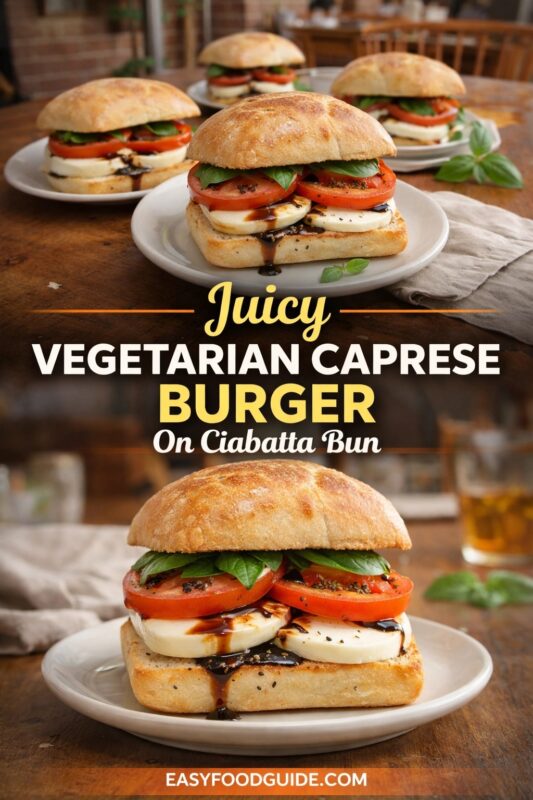 Juicy vegetarian Caprese burger on ciabatta bun: layered with fresh mozzarella, ripe tomato slices, basil leaves, and balsamic glaze. Shown in foreground and background on white plates over rustic wood table. Text: “Juicy Vegetarian Caprese Burger – On Ciabatta Bun” + EASYFOODGUIDE.COM. Bright, appetizing, meatless meal option.