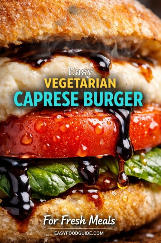 caprese-burger-2 Close-up of easy vegetarian Caprese burger: toasted bun, melted mozzarella, juicy tomato slice with water droplets, fresh basil, and dripping balsamic glaze. Steam rises. Text: “Easy Vegetarian Caprese Burger – For Fresh Meals” + EASYFOODGUIDE.COM. Vibrant, mouthwatering, plant-based indulgence.