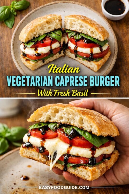 caprese-burger-3 Two images of Italian vegetarian Caprese burger: top shows sandwich cut in half on plate with basil and balsamic; bottom features hand holding warm, melty version with oozing cheese. Text: “Italian Vegetarian Caprese Burger – With Fresh Basil” + EASYFOODGUIDE.COM. Rustic wood background, fresh ingredients, gooey texture highlighted.
