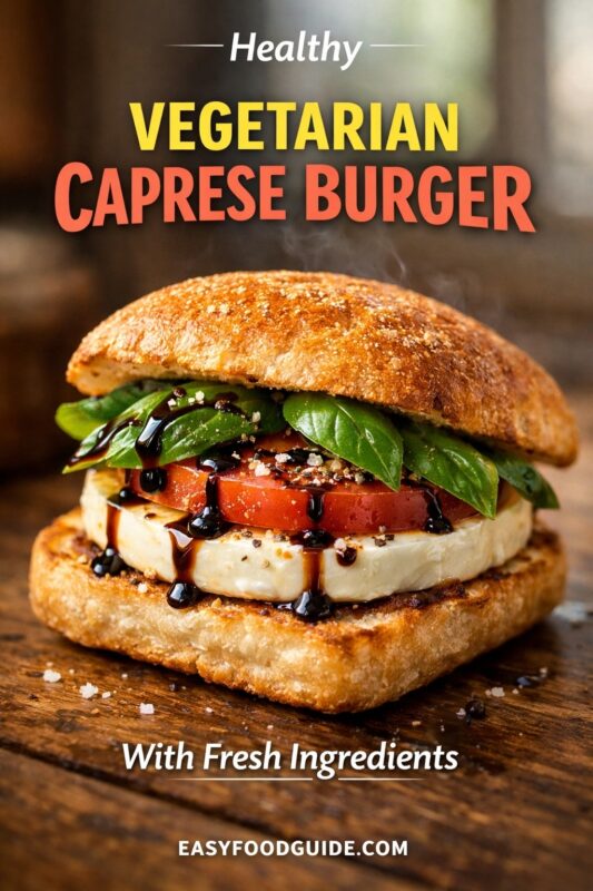 caprese-burger-4 Healthy vegetarian Caprese burger: toasted whole-grain bun layered with fresh mozzarella, ripe tomato, basil leaves, and balsamic glaze. Steam rises; salt and pepper sprinkled on wood surface. Text: “Healthy Vegetarian Caprese Burger – With Fresh Ingredients” + EASYFOODGUIDE.COM. Wholesome, vibrant, plant-based meal.
