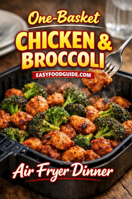 One-basket chicken & broccoli air fryer dinner: crispy, seasoned chicken bites and charred-tender broccoli florets steaming in black air fryer basket. Fork lifts a golden-brown piece. Text: “One-Basket Chicken & Broccoli – Air Fryer Dinner” + EASYFOODGUIDE.COM. Rustic wood table — fast, healthy, one-pan meal with bold flavor and minimal cleanup.