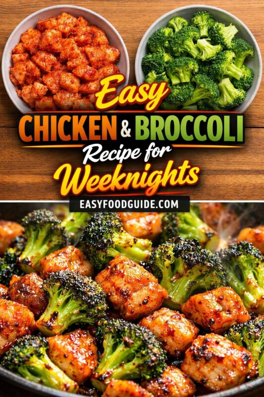 chicken-broccoli-air-fryer-2 Two images of easy chicken & broccoli: top shows raw seasoned chicken cubes and fresh broccoli florets in separate bowls; bottom features cooked, glossy stir-fry with charred edges. Text: “Easy Chicken & Broccoli – Recipe for Weeknights” + EASYFOODGUIDE.COM. Vibrant colors, quick-cook appeal — perfect for busy nights or healthy meal prep.