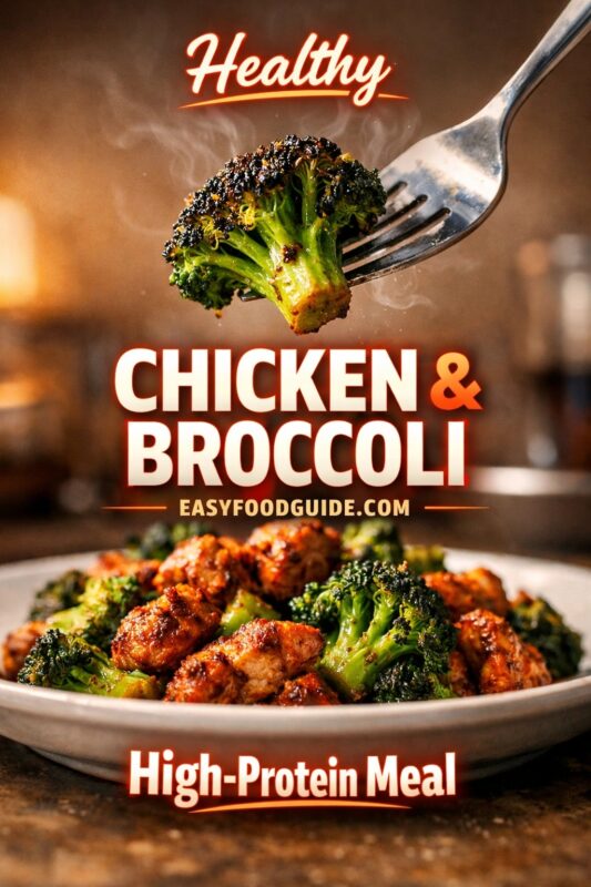 chicken-broccoli-air-fryer-3 Healthy chicken & broccoli: fork lifts steaming, char-kissed floret above plate of glossy, seasoned chicken bites and vibrant green broccoli. Text: “Healthy Chicken & Broccoli – High-Protein Meal” + EASYFOODGUIDE.COM. Warm, blurred kitchen background — nutritious, satisfying, protein-packed dinner ready in minutes.
