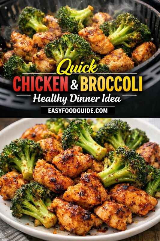 chicken-broccoli-air-fryer-4 Two images of quick chicken & broccoli: top shows steaming, seasoned bites and florets in air fryer basket; bottom features plated dish with caramelized edges. Text: “Quick Chicken & Broccoli – Healthy Dinner Idea” + EASYFOODGUIDE.COM. Fast, flavorful, nutrient-dense meal — perfect for weeknights or clean-eating goals.