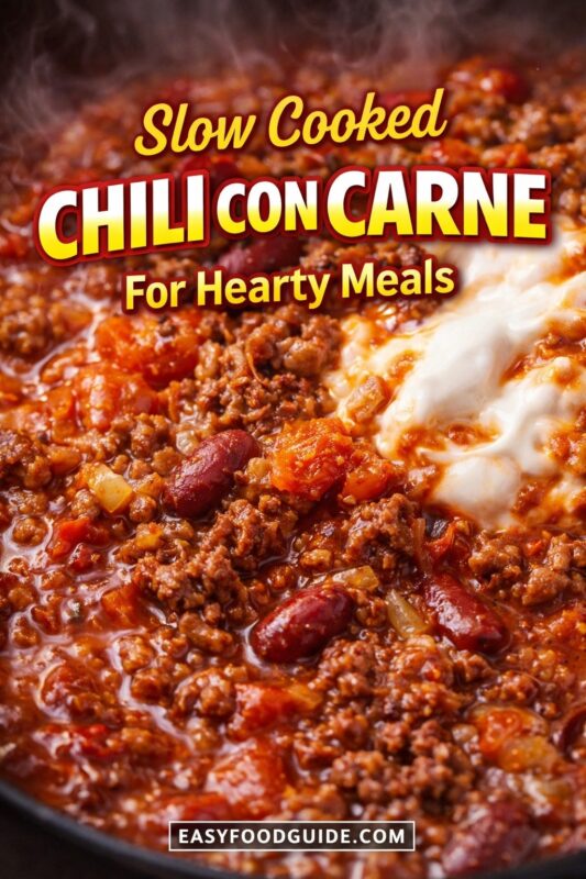 Slow-cooked chili con carne: rich, simmered stew with ground beef, kidney beans, tomatoes, and onions, topped with a dollop of sour cream. Steam rises from the pot. Text: “Slow Cooked Chili Con Carne – For Hearty Meals” + EASYFOODGUIDE.COM. Deep red tones, comforting texture — perfect for cold days or crowd-pleasing dinners.
