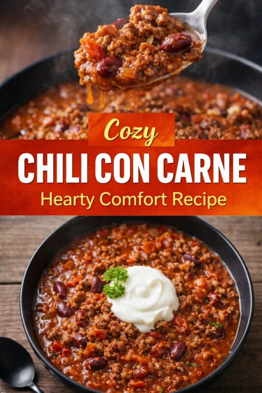 Two images of cozy chili con carne: top shows spoon lifting steaming, chunky stew with beans and beef; bottom features black bowl topped with sour cream and parsley on rustic wood. Text: “Cozy Chili Con Carne – Hearty Comfort Recipe.” Warm, inviting, soul-satisfying meal for chilly evenings or family gatherings.
