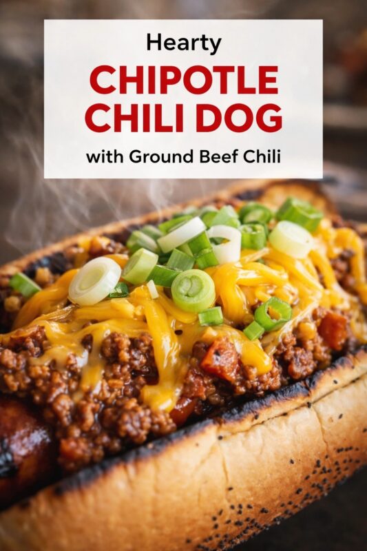 A steaming, close-up shot of a hearty chipotle chili dog: grilled poppy-seed bun cradles a sausage smothered in rich ground beef chili, melted cheddar cheese, and freshly sliced green onions. Wisps of steam rise from the hot toppings. Text overlay at top reads “Hearty CHIPOTLE CHILI DOG with Ground Beef Chili” — “Hearty” in black, “CHIPOTLE CHILI DOG” in bold red, subtitle in black — all on semi-transparent white rectangle. Warm lighting highlights textures and savory appeal.