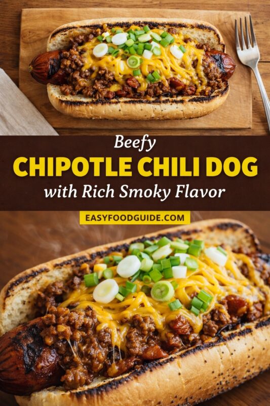 Split-image food graphic: Top shows a beefy chipotle chili dog on a wooden board — grilled poppy-seed bun, charred sausage, rich ground beef chili, melted cheddar, and chopped green onions; fork beside it. Bottom is a close-up of the same steaming hot dog, emphasizing gooey cheese and smoky toppings. Center text reads: “Beefy CHIPOTLE CHILI DOG with Rich Smoky Flavor EASYFOODGUIDE.COM” — white script, bold yellow block letters, and smaller white font on dark brown banner. Warm rustic lighting enhances texture and steam.