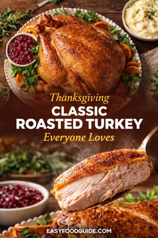 Two images of Thanksgiving classic roasted turkey: top shows whole golden-brown bird garnished with herbs, oranges, and cranberry sauce; bottom features steaming sliced breast on serving spoon with dripping juices. Text: “Thanksgiving Classic Roasted Turkey – Everyone Loves” + EASYFOODGUIDE.COM. Rustic table setting, mashed potatoes nearby — festive, family-style feast.