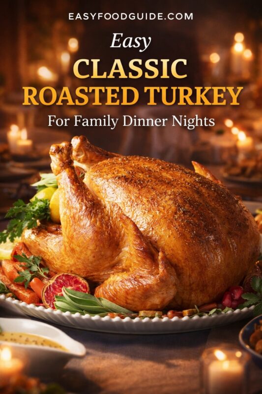 Easy classic roasted turkey: golden, herb-seasoned whole bird on a platter with carrots, citrus, sage, and pomegranate. Candlelit dinner table in background. Text: “Easy Classic Roasted Turkey – For Family Dinner Nights” + EASYFOODGUIDE.COM. Warm, inviting, holiday-ready centerpiece.