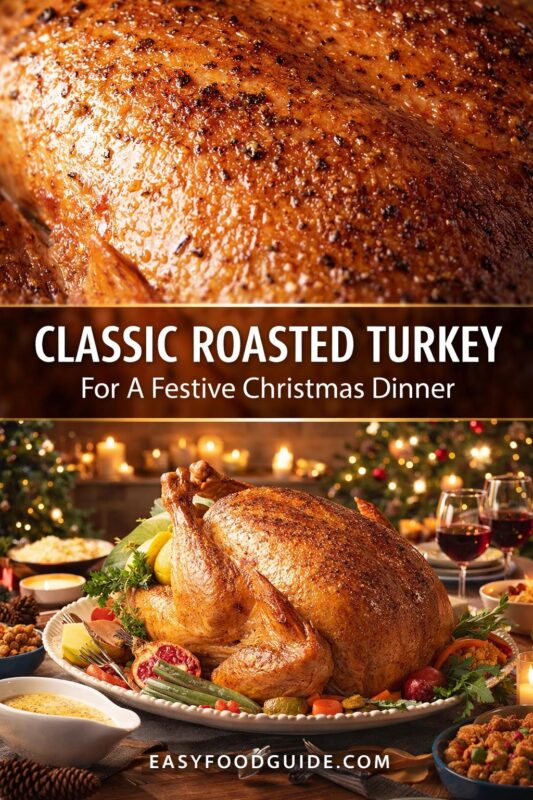 Two images of classic roasted turkey: top is close-up of glistening, herb-speckled skin; bottom shows whole turkey on festive Christmas table with sides, wine, candles, and tree. Text: “Classic Roasted Turkey – For A Festive Christmas Dinner” + EASYFOODGUIDE.COM. Warm, celebratory holiday feast setting.