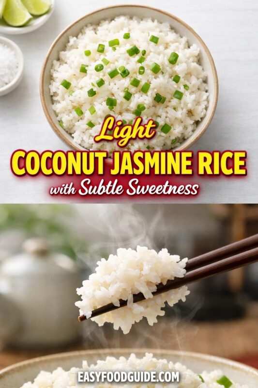 Two images of light coconut jasmine rice: top shows bowl garnished with chopped green onions, lime wedges nearby; bottom features steaming rice lifted by chopsticks. Text: “Light Coconut Jasmine Rice – with Subtle Sweetness” + EASYFOODGUIDE.COM. Bright, fresh, aromatic presentation on clean surfaces.