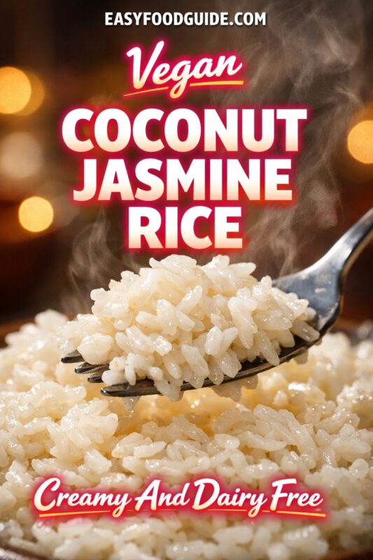 Fork lifts steaming vegan coconut jasmine rice: glossy, creamy grains with dairy-free richness. Text: “Vegan Coconut Jasmine Rice – Creamy And Dairy Free” + EASYFOODGUIDE.COM. Warm bokeh background, inviting texture and aroma implied.
