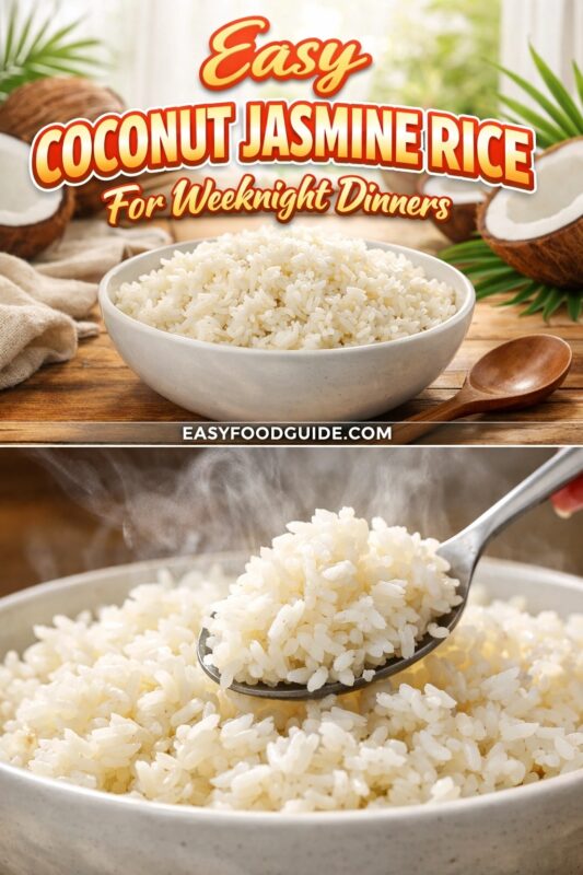 Two images of easy coconut jasmine rice: top shows bowl on wood table with halved coconuts and palm leaves; bottom features spoon lifting steaming, fluffy rice. Text: “Easy Coconut Jasmine Rice – For Weeknight Dinners” + EASYFOODGUIDE.COM. Bright, tropical, comforting side dish presentation.
