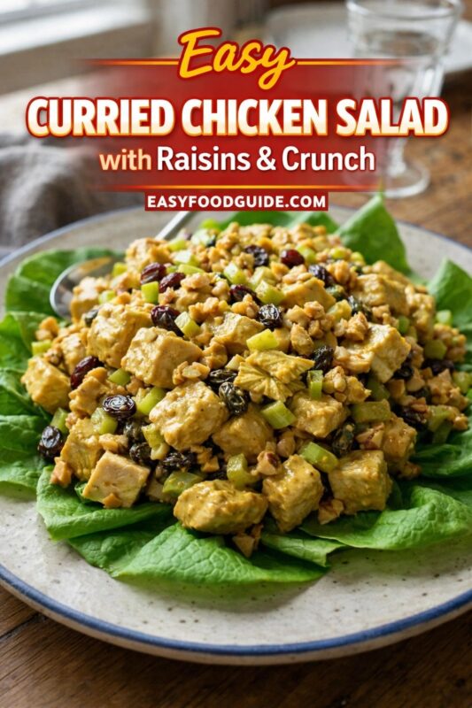 Easy Curried Chicken Salad with Raisins & Crunch: vibrant, golden-hued salad piled high on crisp green lettuce leaves — diced chicken coated in creamy curry dressing, studded with plump raisins, crunchy celery, and chopped nuts. Served on speckled ceramic plate with blue rim; spoon tucked in side, glass of water blurred in background. Text on red banner: “Easy CURRIED CHICKEN SALAD – with Raisins & Crunch” + EASYFOODGUIDE.COM. Sweet-savory, textural delight — perfect for lunches, picnics, or light dinners with a global twist.