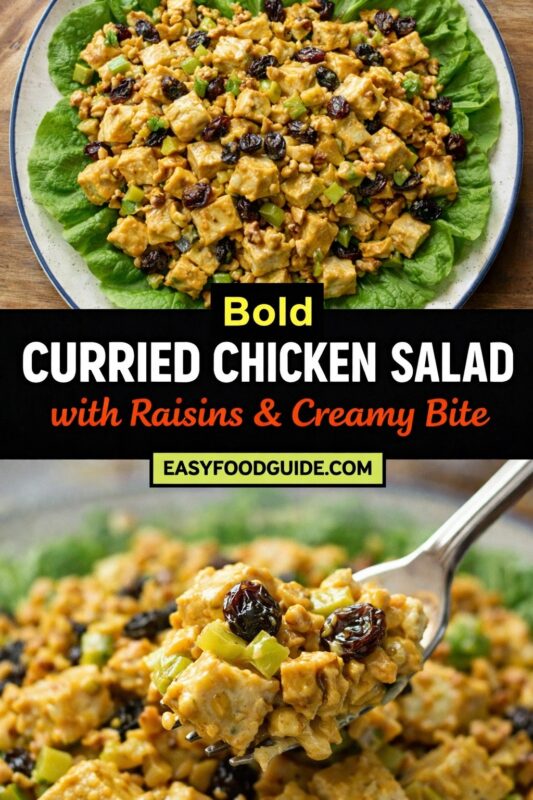 Bold Curried Chicken Salad with Raisins & Creamy Bite: two views — top shows overhead shot of golden, spice-kissed chicken salad mounded on butter lettuce in a speckled bowl; bottom features fork lifting a creamy, textured bite revealing plump raisins, crisp celery, and tender chicken cubes. Text on black banner: “Bold CURRIED CHICKEN SALAD – with Raisins & Creamy Bite” + EASYFOODGUIDE.COM. Richly spiced, sweet-savory, luxuriously creamy — perfect for lunches, meal prep, or impressing guests with bold flavor and satisfying crunch.