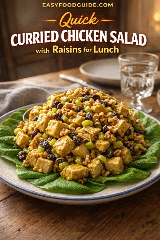 Quick Curried Chicken Salad with Raisins for Lunch: golden, creamy chicken salad piled high on crisp green lettuce leaves — studded with plump raisins, crunchy walnuts, and diced celery. Served on rustic ceramic plate with blue rim; glass of water and linen napkin in soft-focus background. Warm wood table, ambient lighting. Text: “Quick CURRIED CHICKEN SALAD – with Raisins for Lunch” + EASYFOODGUIDE.COM. Sweet-savory, protein-packed, ready in minutes — perfect for work lunches, picnics, or light dinners with global flair.