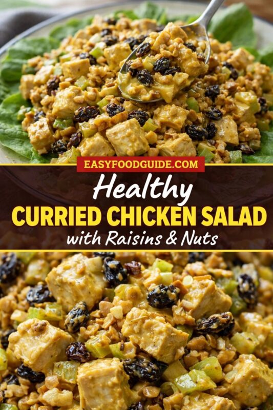 Healthy Curried Chicken Salad with Raisins & Nuts: two close-up views — top shows spoon lifting creamy, golden-hued salad over lettuce; bottom reveals textured mix of diced chicken, plump raisins, crunchy nuts, and crisp celery in rich curry dressing. Text on red banner: “Healthy CURRIED CHICKEN SALAD – with Raisins & Nuts” + EASYFOODGUIDE.COM. Nutrient-dense, flavor-packed meal — perfect for clean eating, lunchboxes, or light dinners with a sweet-savory crunch.