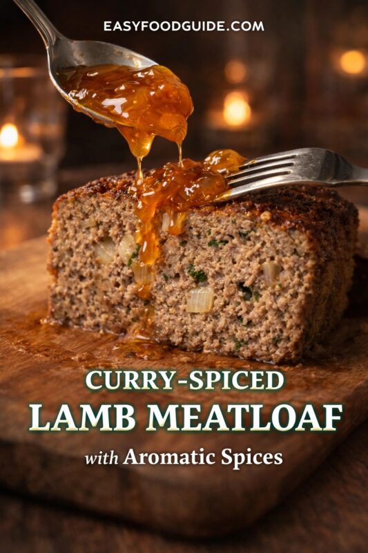 Curry-spiced lamb meatloaf: thick slice on rustic wooden board, studded with onions and herbs, being drizzled with glossy apricot chutney from a spoon. Fork rests beside it; warm candlelight glows in background. Text: “CURRY-SPICED LAMB MEATLOAF – with Aromatic Spices” + EASYFOODGUIDE.COM. Rich, savory-sweet fusion dish — perfect for cozy dinners or flavorful weeknight meals.