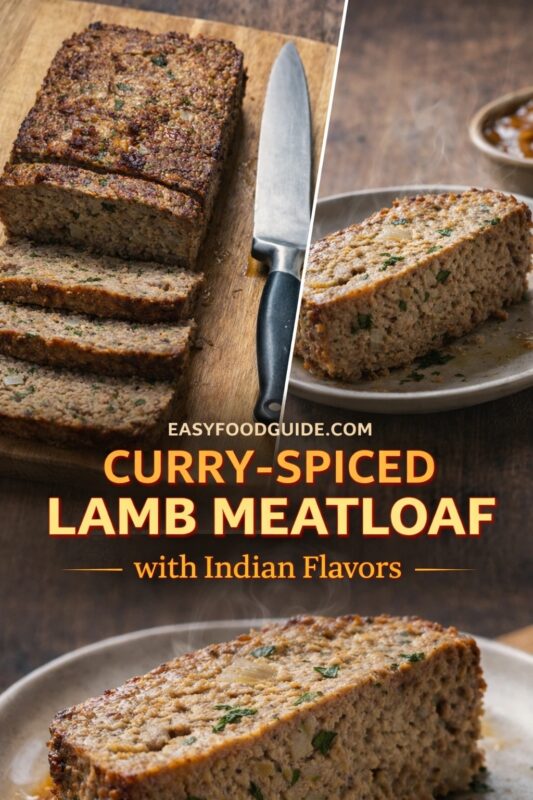 Three images of curry-spiced lamb meatloaf: top left shows sliced loaf on wooden board with knife; top right features steaming slice on plate with chutney bowl; bottom highlights textured interior with herbs and onions. Text: “CURRY-SPICED LAMB MEATLOAF – with Indian Flavors” + EASYFOODGUIDE.COM. Warm, aromatic, globally inspired comfort food — ideal for adventurous weeknight dinners or entertaining guests.