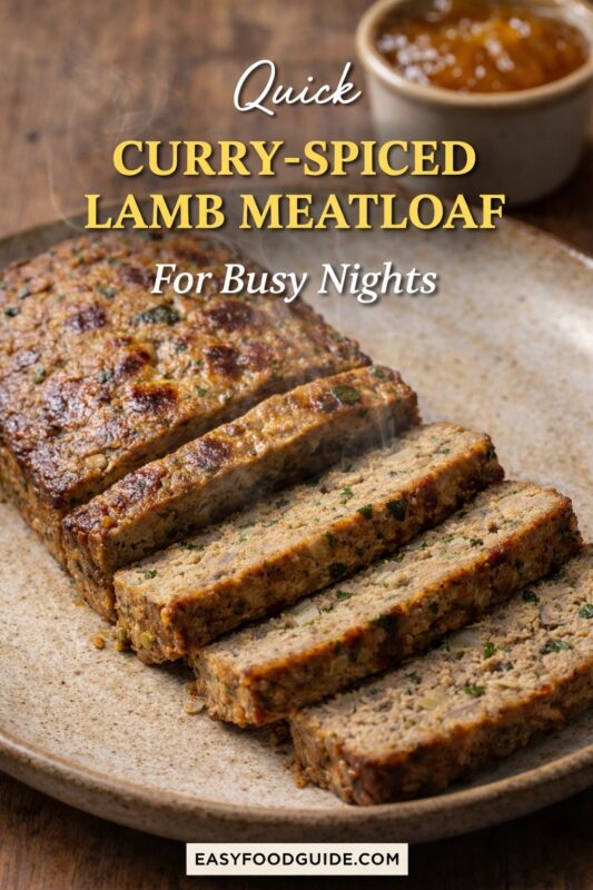 Quick curry-spiced lamb meatloaf: steaming, sliced loaf on rustic ceramic plate — golden-brown crust, herb-flecked interior with visible onions. Small bowl of apricot chutney in background. Text: “Quick Curry-Spiced Lamb Meatloaf – For Busy Nights” + EASYFOODGUIDE.COM. Fast, flavorful, globally inspired dinner ready when time is tight.
