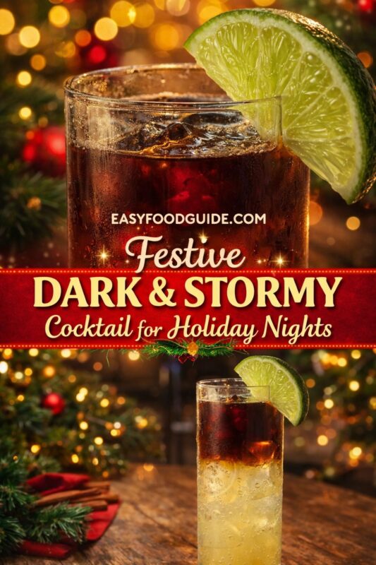 Festive Dark & Stormy Cocktail for Holiday Nights: two glasses of the classic layered drink — dark rum floating atop fizzy ginger beer, garnished with fresh lime wedges. Top image features a rocks glass against twinkling Christmas lights and ornaments; bottom shows tall highball on rustic wood table beside cinnamon sticks, pine sprigs, and red napkin. Text on red banner: “Festive DARK & STORMY – Cocktail for Holiday Nights” + EASYFOODGUIDE.COM. Warm bokeh glow, holiday decor — spirited twist perfect for cozy gatherings or New Year’s Eve toasts.