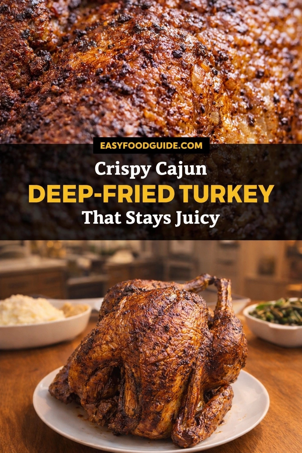 This vertical image showcases a crispy Cajun deep-fried turkey. The top half is a close-up of the golden-brown, spice-crusted skin with charred spots, highlighting its crunch. A black banner reads “EASYFOODGUIDE.COM” above bold text: “Crispy Cajun DEEP-FRIED TURKEY That Stays Juicy.” The bottom photo displays the whole roasted turkey on a white platter atop a wooden table, flanked by bowls of mashed potatoes and green beans — evoking a hearty, flavorful holiday or family meal with juicy interior promise beneath the crackling crust.