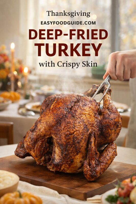 A close-up of a golden-brown, deep-fried turkey resting on a wooden cutting board. A hand holds a carving fork inserted into the bird's cavity. Steam rises from the crispy skin. In the blurred background, a festive Thanksgiving table is set with candles and side dishes. Text overlay reads: "Thanksgiving EASYFOODGUIDE.COM DEEP-FRIED TURKEY with Crispy Skin."