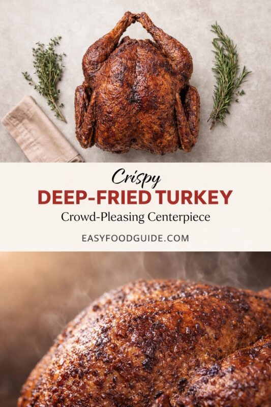 A split-image food graphic: Top shows a whole deep-fried turkey from above, flanked by fresh thyme and rosemary sprigs beside a linen napkin on a neutral surface. Bottom is a close-up of the turkey’s glistening, crispy skin with steam rising. Center text reads: “Crispy DEEP-FRIED TURKEY Crowd-Pleasing Centerpiece EASYFOODGUIDE.COM” — bold red and black fonts on cream banner.