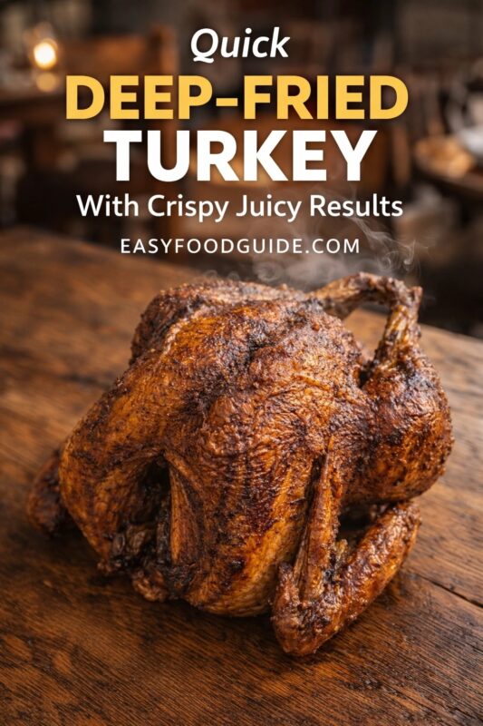 A steaming, golden-brown deep-fried turkey rests on a rustic wooden table, its skin crackled and glistening. Warm ambient lighting glows in the blurred background. Bold text overlay reads: “Quick DEEP-FRIED TURKEY With Crispy Juicy Results” — “Quick” in white script, “DEEP-FRIED” in yellow block letters, “TURKEY” in large white font, followed by smaller white subtitle and “EASYFOODGUIDE.COM” at bottom. Steam curls gently from the bird’s surface.