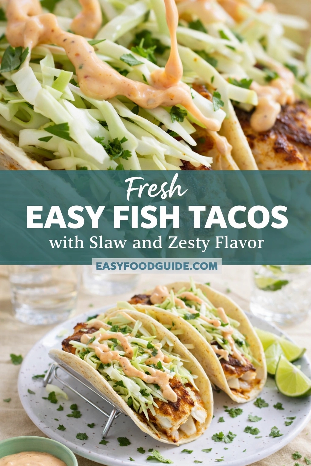 Fresh fish tacos in soft tortillas, filled with crispy seasoned fish, crunchy cabbage slaw, chopped cilantro, and drizzled with creamy zesty sauce. Top: close-up of sauce being poured. Bottom: two tacos on a speckled plate with lime wedges and scattered herbs. Text: “Fresh EASY FISH TACOS with Slaw and Zesty Flavor” + “EASYFOODGUIDE.COM”. Bright, light, flavorful meal — ideal for braille readers to sense via texture cues: crisp slaw, flaky fish, smooth sauce, citrus tang.