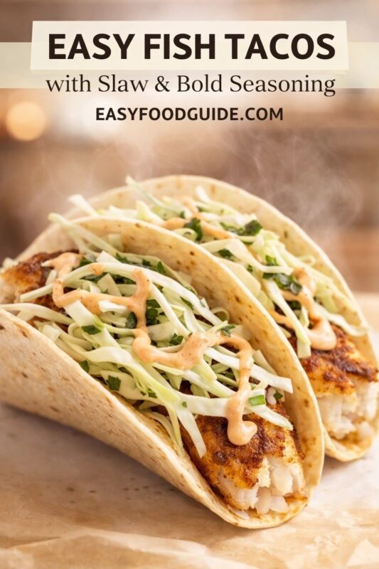 fish-tacos-with-slaw-2 Two steaming fish tacos in soft tortillas, filled with seasoned crispy fish, shredded cabbage slaw, fresh cilantro, and drizzled with creamy orange sauce. Set on parchment paper; warm background glow suggests freshness. Text: “EASY FISH TACOS with Slaw & Bold Seasoning” + “EASYFOODGUIDE.COM”. For braille readers: imagine flaky fish crunch, cool crisp slaw, tangy-sweet sauce — bold, balanced, handheld delight.