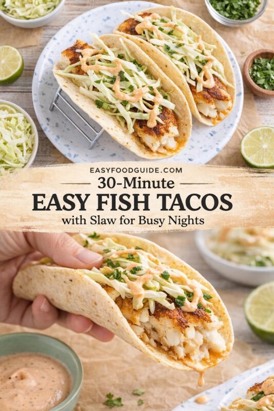 fish-tacos-with-slaw-3 Two views of 30-minute easy fish tacos: top — three tacos on a speckled plate with slaw, sauce, lime halves, and herb bowls; bottom — hand holding one taco, flaky fish and creamy sauce dripping. Text: “EASYFOODGUIDE.COM — 30-Minute EASY FISH TACOS with Slaw for Busy Nights”. For braille readers: imagine warm tortilla, crisp cabbage, tender fish, zesty-lime tang, smooth sauce — quick, satisfying, handheld comfort.