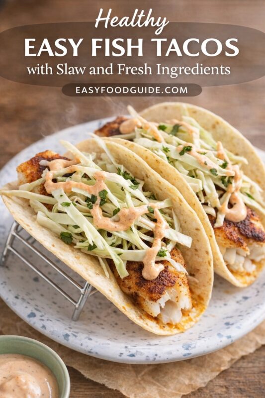 fish-tacos-with-slaw-4 Three healthy fish tacos in soft tortillas, filled with seared white fish, crisp cabbage slaw, fresh cilantro, and drizzled with creamy orange sauce. Served on a speckled plate with taco holder; steam rises gently. Small bowl of extra sauce nearby. Text: “Healthy EASY FISH TACOS with Slaw and Fresh Ingredients” + “EASYFOODGUIDE.COM”. For braille readers: imagine warm flaky fish, crunchy slaw, herbaceous freshness, tangy-sweet sauce — light, vibrant, nourishing meal.