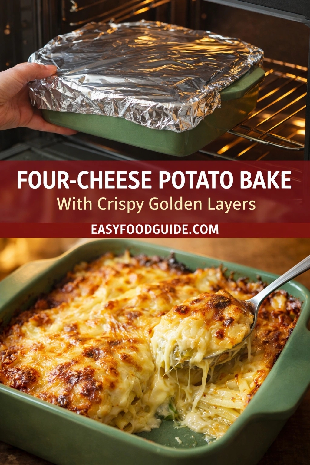 A vertical split-image shows a four-cheese potato bake. Top: A hand places a foil-covered green baking dish into a lit oven. Bottom: A spoon lifts a cheesy, golden-brown portion from the baked casserole in the same green dish, revealing layered potatoes and stretchy melted cheese. Center text reads: “FOUR-CHEESE POTATO BAKE With Crispy Golden Layers” and “EASYFOODGUIDE.COM”.