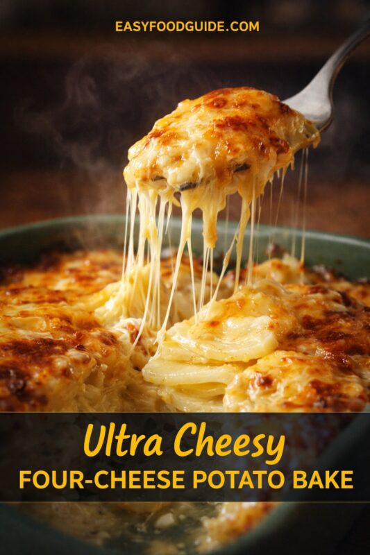A close-up shot shows a spoon lifting a steaming, gooey portion of four-cheese potato bake from a green baking dish. Melted cheese stretches dramatically in long strands from the golden-brown, crispy-topped casserole below. Thinly sliced potatoes are visible beneath the cheese. Text at top reads “EASYFOODGUIDE.COM” in yellow. Bottom text says: “Ultra Cheesy FOUR-CHEESE POTATO BAKE” — also in bold yellow font against a dark translucent banner. The image emphasizes warmth, richness, and indulgence through steam, texture, and cheese pull.
