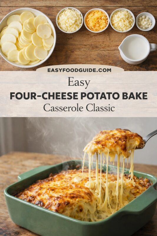 Top: Ingredients for four-cheese potato bake arranged on wood — sliced potatoes, four bowls of shredded cheeses (white, orange, pale yellow, and small white cubes), plus a pitcher of milk. Bottom: A steaming green casserole dish with golden-brown cheesy top; a spoon lifts a gooey, stretchy portion revealing layered potatoes. Center text: “EASYFOODGUIDE.COM | Easy FOUR-CHEESE POTATO BAKE Casserole Classic” in black serif font over light wood-textured banner.
