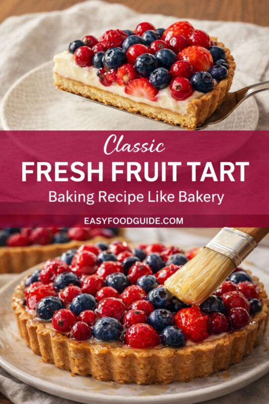 This image is a food blog graphic for a "Classic Fresh Fruit Tart" recipe from EASYFOODGUIDE.COM. It features two photos: the top shows a slice of tart on a server, revealing a creamy filling and berry-topped crust; the bottom displays a whole tart being glazed with a brush, piled high with strawberries, blueberries, and red currants. A magenta banner overlays the center with white text announcing the recipe title and source. The scene evokes homemade bakery-style dessert appeal.