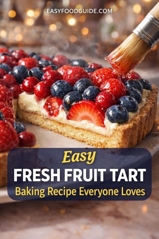 A close-up photo shows a fresh fruit tart being glazed with a pastry brush. The tart has a golden crust, creamy filling, and is topped with strawberries, blueberries, and red currants. Warm bokeh lights glow in the background. Text overlay reads: “Easy FRESH FRUIT TART — Baking Recipe Everyone Loves” from EASYFOODGUIDE.COM.