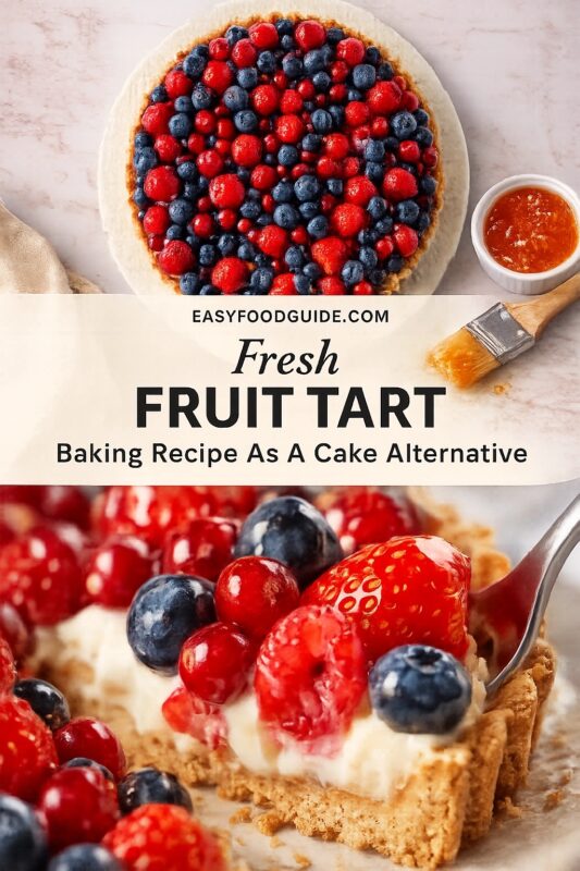 This image promotes a “Fresh Fruit Tart” recipe from EASYFOODGUIDE.COM as a cake alternative. Top view: whole tart on marble, piled with blueberries and red berries, beside apricot glaze and brush. Bottom close-up: slice being lifted by fork, showing creamy filling and glossy fruit. Text overlay in center reads title and tagline.